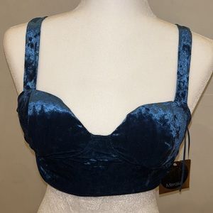 nwt Merkari XS bustier blue velvet rusched tank crop top bralette new